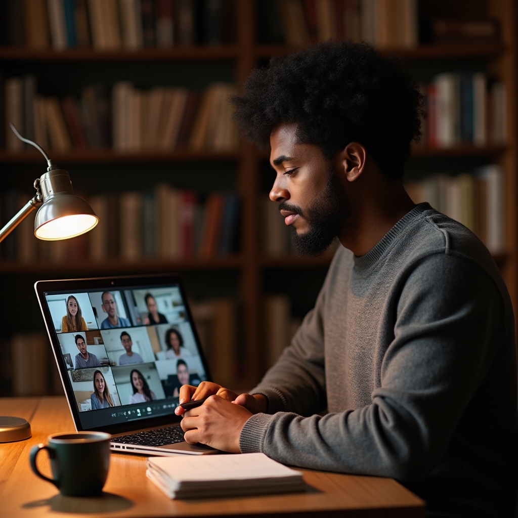 Persona participando de un webinario de negociación desde su computadora en un escritorio de estudio